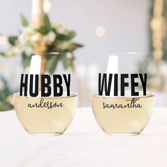 Personalised Hubby & Wifey Name Stemless Wine Glass (Insitu (Wedding))