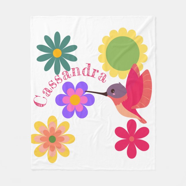 Personalised Hummingbird and Flowers Fleece Blanket (Front)