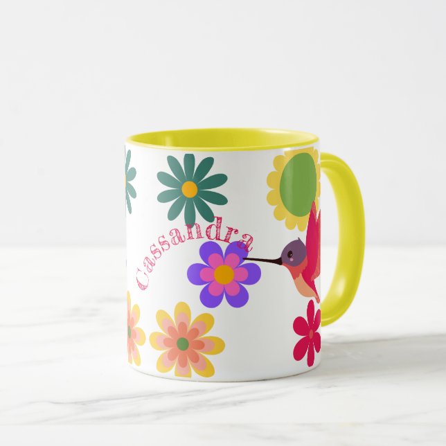 Personalised Hummingbird and Flowers Mug (Front Right)
