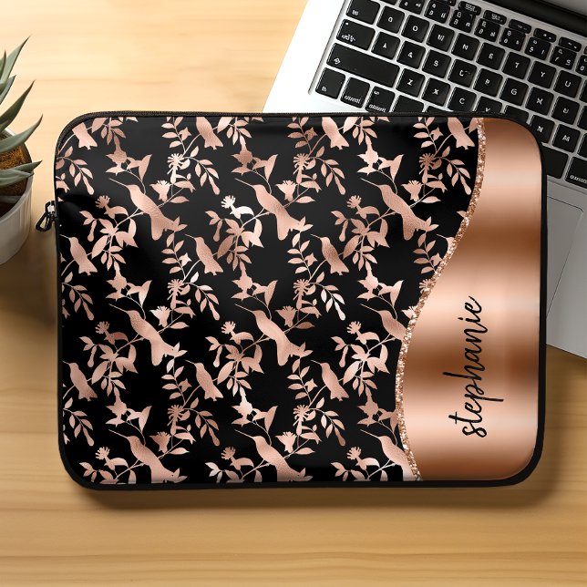 Personalised Hummingbird Pattern Rose Gold Black Laptop Sleeve (Creator Uploaded)