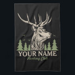 Personalised Hunter Deer Elk Antler Hunting Club Tea Towel<br><div class="desc">Personalised Hunter Deer Elk Antler Hunting Club design -Elk with Antlers,  Green Pine Trees,  Big Game Rack - Customise with your Name or Custom Text!</div>