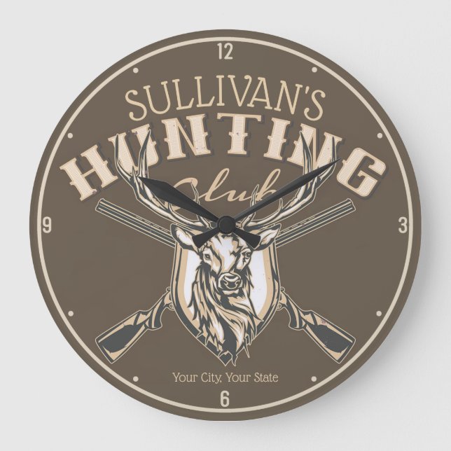 Personalised Hunter NAME Deer Rifle Hunting Club Large Clock (Front)