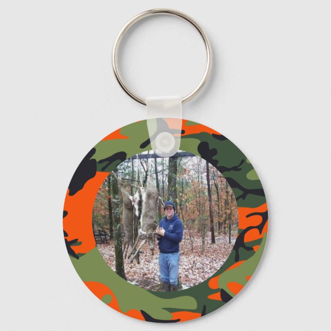 Personalised Hunter's Orange Camo Ring Photo Key Ring (Front)