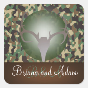 Personalised Hunting Theme Antlers Camo Wedding Square Sticker