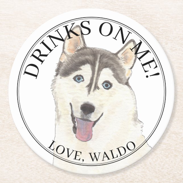 Personalised Husky Dog Wedding Round Paper Coaster (Front)