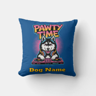 Personalised Husky Pawty Time Retro Neon Gift Cushion