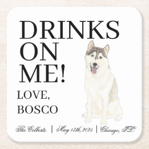Personalised Husky Wedding Square Paper Coaster