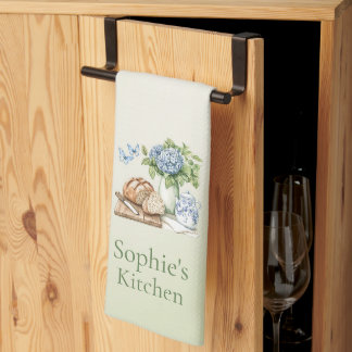 Personalised Hydrangea Kitchen Towel, Custom Name Tea Towel