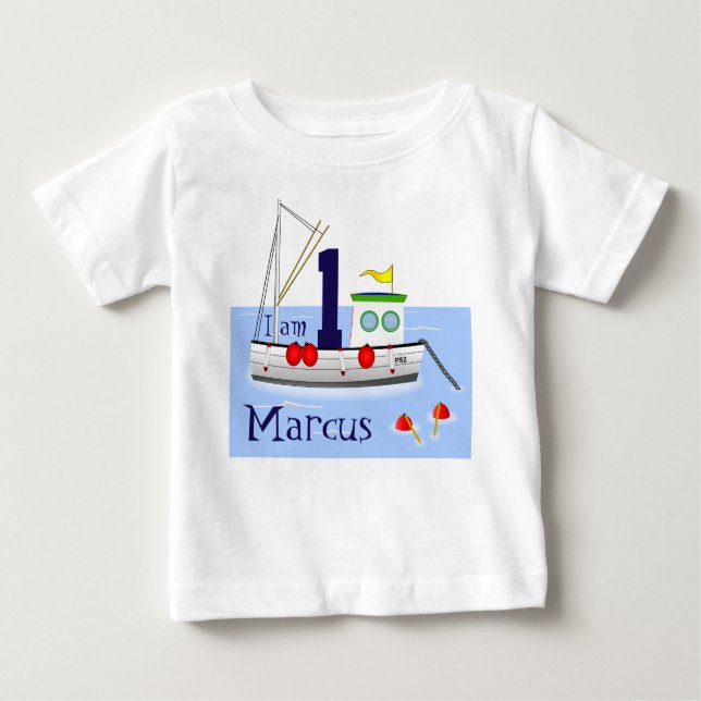 Personalised "I am X" with White Fishing Boat Baby T-Shirt (Front)