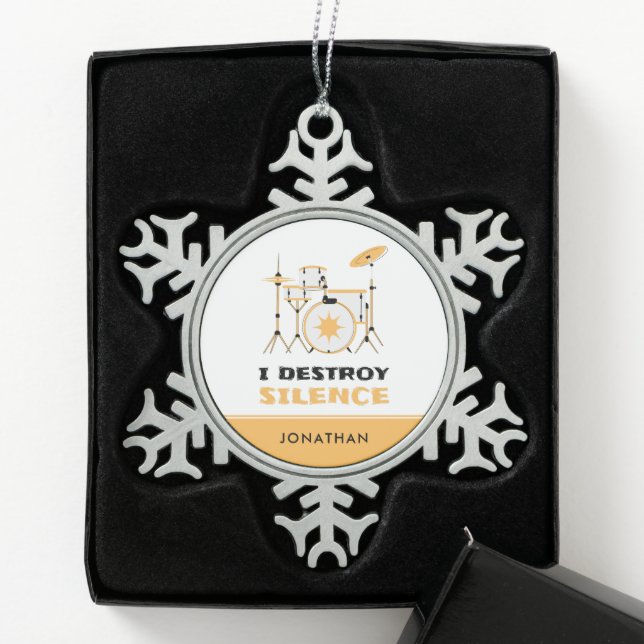Personalised I Destroy Silence Funny Drummer Snowflake Pewter Christmas Ornament (Box)