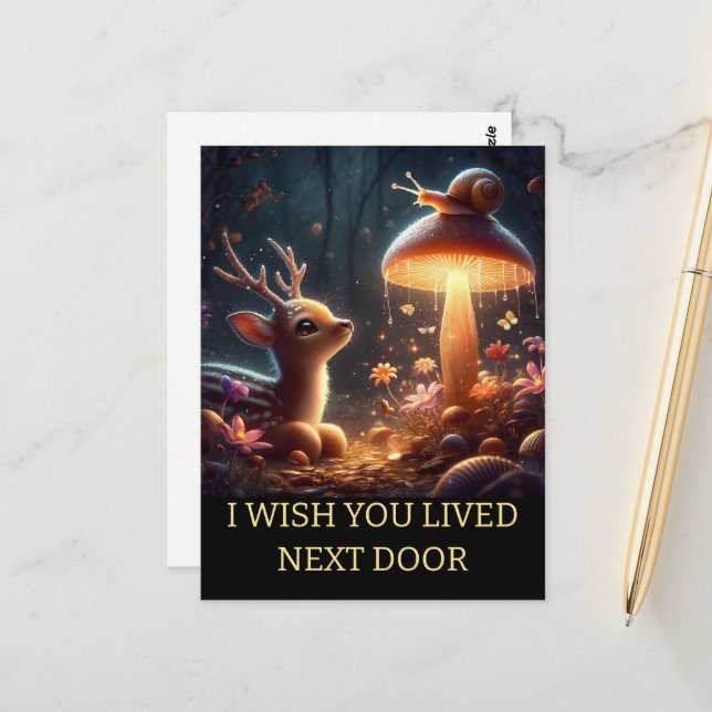 Personalised I miss you Whimsical Deer Mushroom Postcard (Front/Back In Situ)
