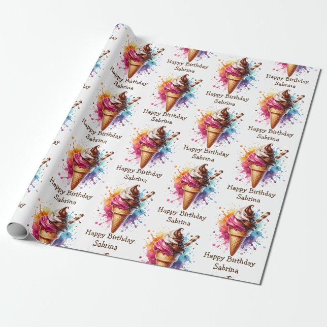 Personalised Ice Cream Cone Birthday Wrapping Paper (Unrolled)