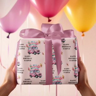 Personalised Ice Cream Truck Pink Birthday Wrapping Paper