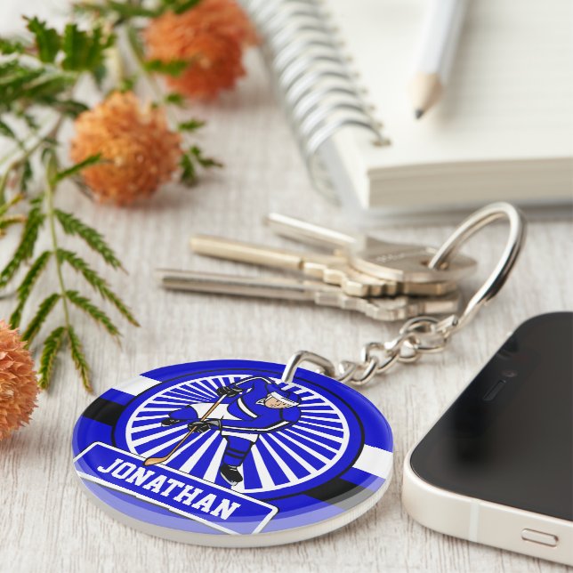 Personalised Ice Hockey Player Blue Key Ring (Front Right)