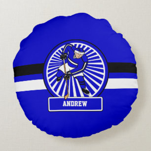Personalised Ice Hockey Player Blue Round Cushion