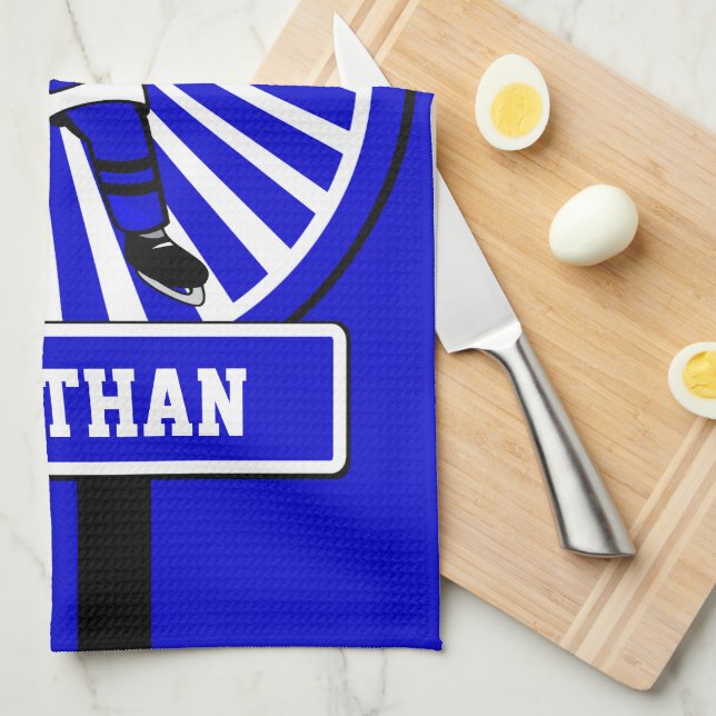 Personalised Ice Hockey Player Blue Tea Towel (Quarter Fold)