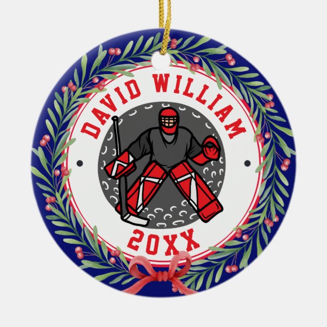 Personalised Ice Hockey Player Name Christmas Gift Ceramic Tree Decoration (Front)