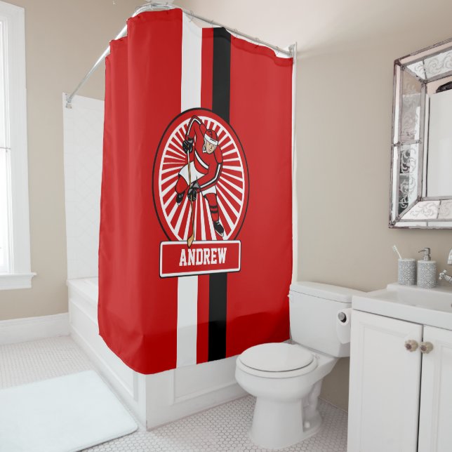 Personalised Ice Hockey Player RWB V2 Shower Curtain (In Situ)
