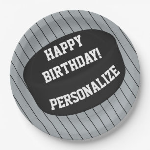 Personalised Ice Hockey Puck Happy Birthday Paper Plate