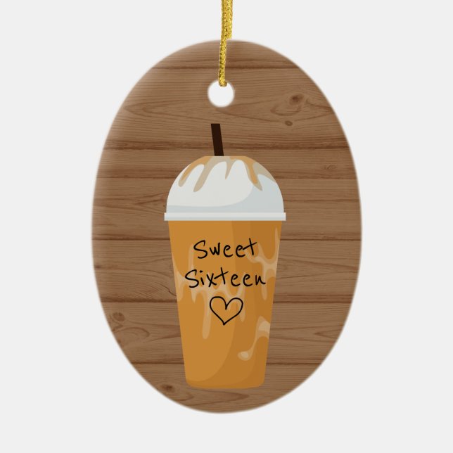 Personalised Iced Coffee Sweet Sixteen Christmas Ceramic Tree Decoration (Front)
