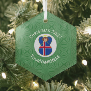 Personalised Icelandic Angel Christmas Flag Glass Tree Decoration