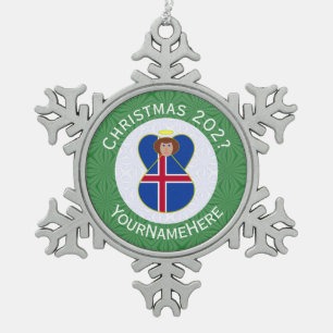 Personalised Icelandic Angel Christmas Flag Snowflake Pewter Christmas Ornament