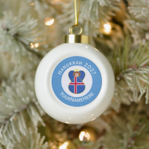 Personalised Icelandic Angel Hanukkah Flag  Ceramic Ball Christmas Ornament