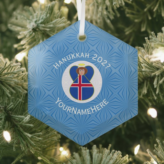Personalised Icelandic Angel Hanukkah Flag  Glass Tree Decoration (Insitu)