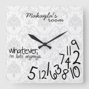 personalised - i'm late anyways - Grey Damask Square Wall Clock