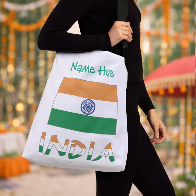 Personalised India Flag Crossbody Bag   (Personalized crossbody bag with Indian flag, INDIA in flag colors, and name above in green text.)