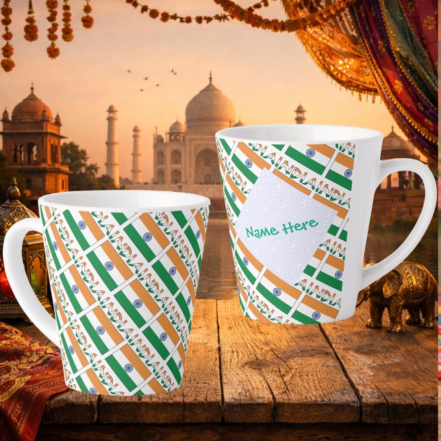 Personalised India Flag Tiled Latte Mug (Personalized latte mug has tiled Indian Flag, INDIA in flag colors. White fractal holds a name.)