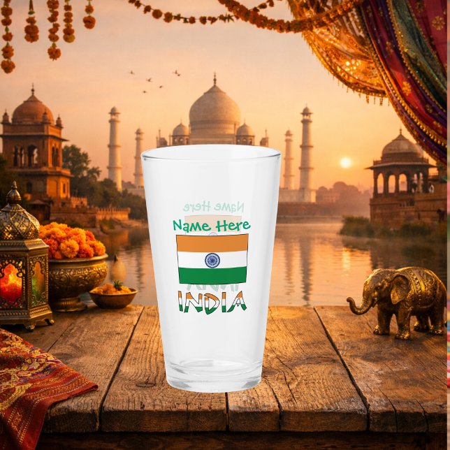 Personalised India Flag Two‑Sided Design Glass (Personalized drinking glass with Indian Flag, INDIA below in flag colors. Above green text for name.)
