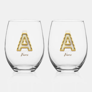 Personalised Initial A Monogram Gold Typography Stemless Wine Glass