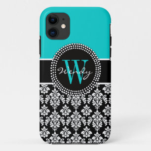 Personalised Initial Aqua Black Damask Pattern iPhone 11 Case