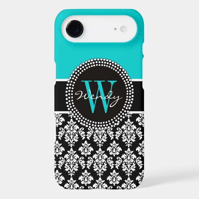 Personalised Initial Aqua Black Damask Pattern Case-Mate iPhone Case (Back)