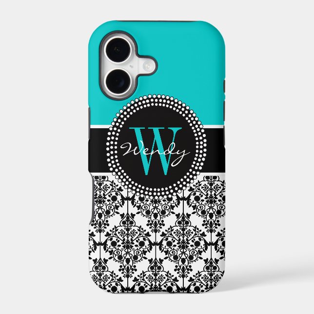 Personalised Initial Aqua Teal Black Damask (Back)