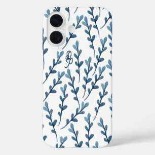 Personalised Initial Blue Leaf Watercolor Pattern iPhone 16 Case