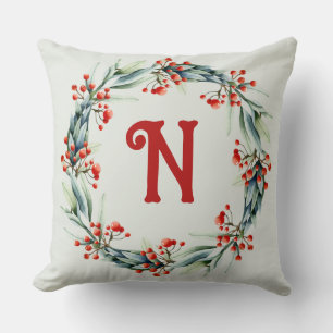 Personalised Initial Festive Wreath Throw Pillow