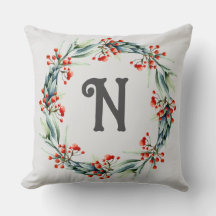 Personalised Initial Festive Wreath Throw Pillow