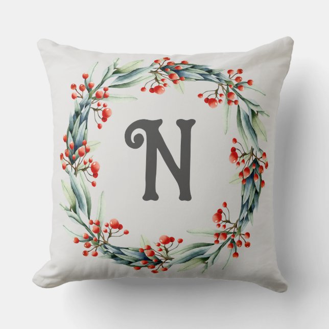 Personalised Initial Festive Wreath Throw Pillow (Front)