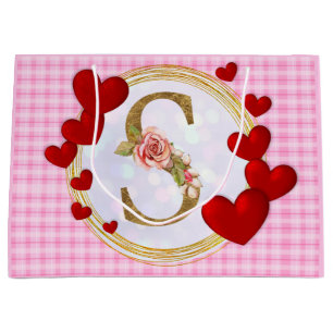 Personalised Initial Floral Monogram and Red Heart Large Gift Bag