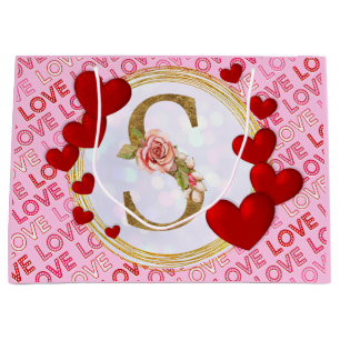 Personalised Initial Floral Monogram and Red Heart Large Gift Bag