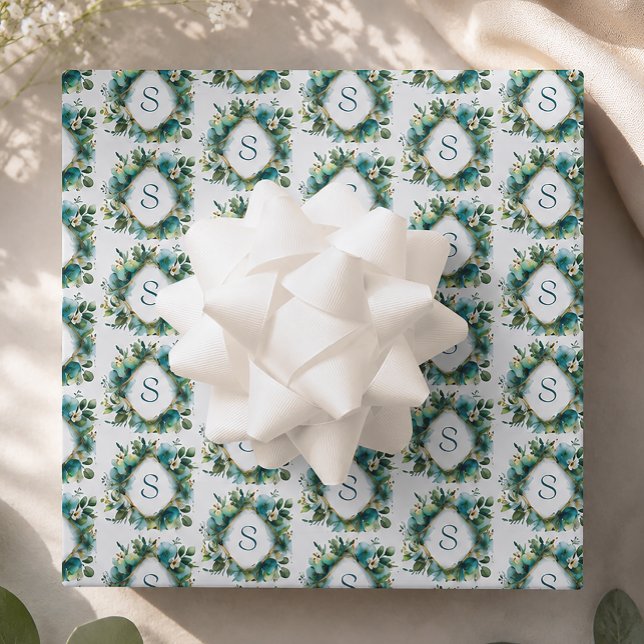 Personalised Initial Floral Monogram Wrapping Paper Sheet (Botanical Frame Monogram Wrapping Paper)