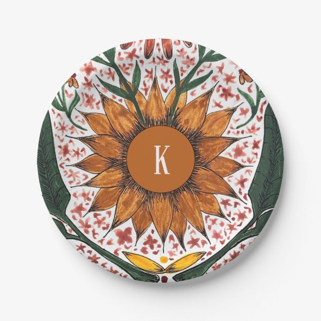 Personalised Initial Floral Paper Party Plate (Front)