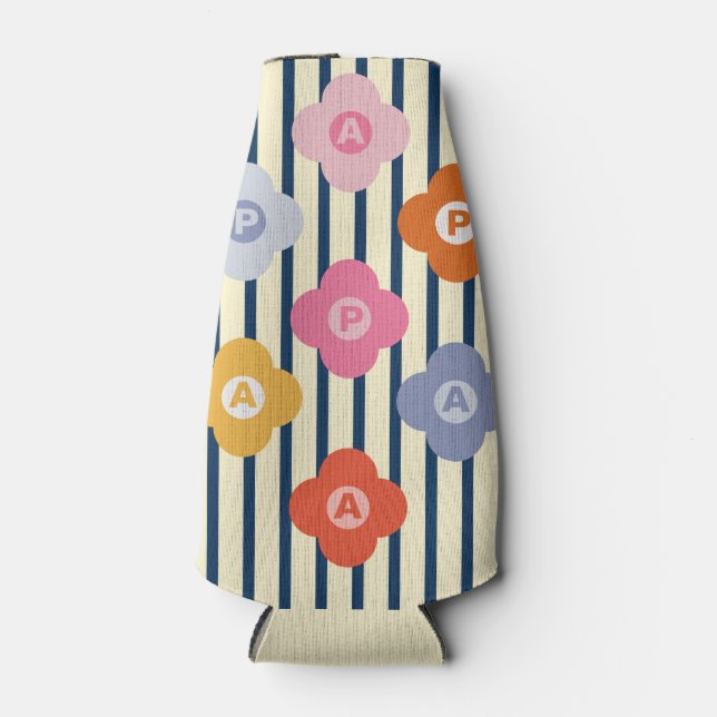 Personalised Initial Floral Stripes Multicolor Bottle Cooler (Front)