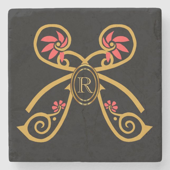 Personalised Initial Gold Butterfly Monogram Stone Coaster (Front)