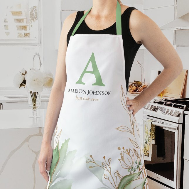 Personalised Initial Green Watercolor Apron (Creator Uploaded)