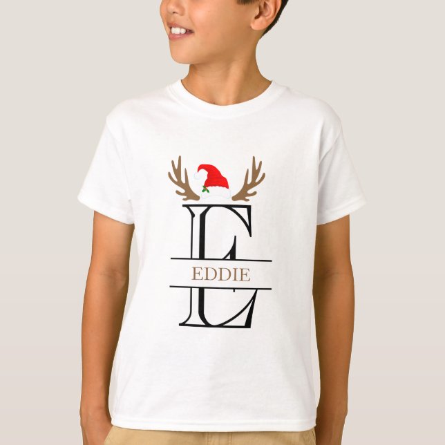  Personalised Initial Letter E Santa Hat Antlers T-Shirt (Front)
