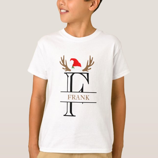  Personalised Initial Letter F Santa Hat Antlers T-Shirt (Front)