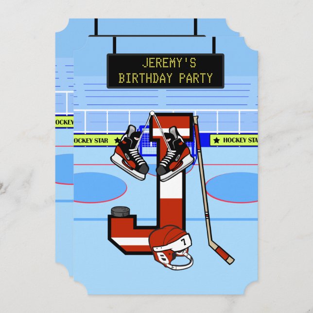 Personalised Initial letter J Ice Hockey Invitation (Front/Back)